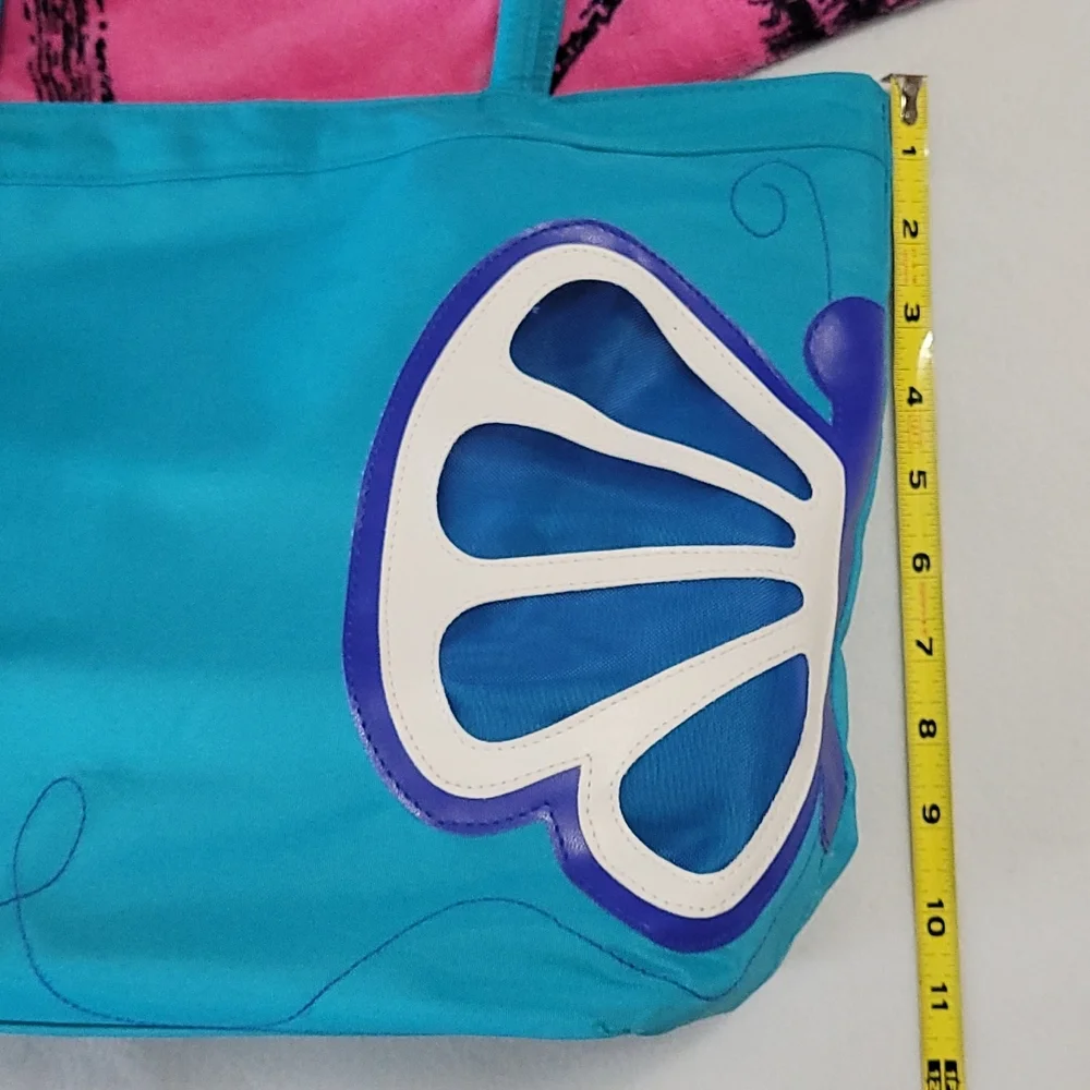 NEW Large Canvas Beach Tote Bag Butterfly Summer Living Turquoise Blue 2pc set